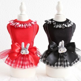 Petstyle spring and summer new sweet rabbit round neck plaid skirt dress dog clothes cat skirt