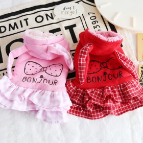 petstyle autumn and winter plaid rabbit bow sweater fleece dog plus velvet two-padded coat cat turned funny