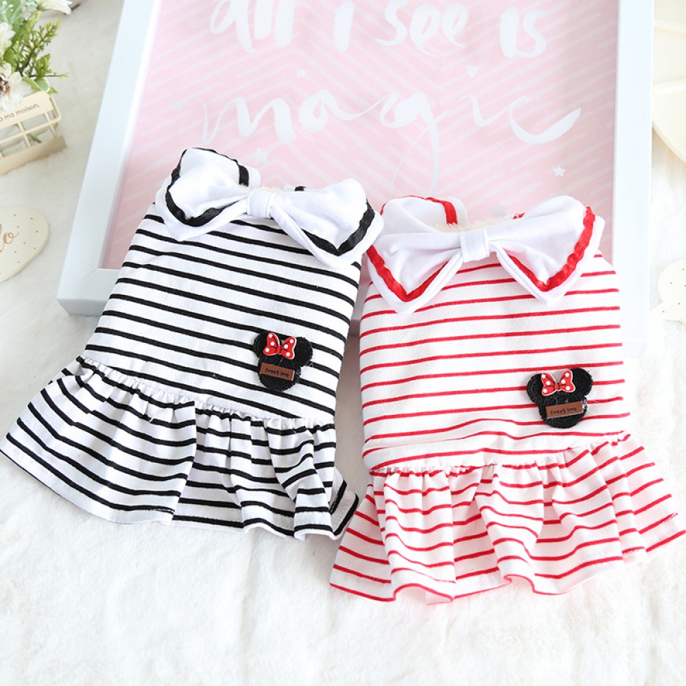 petstyle autumn and winter big bow striped skirt pet dog cotton skirt plus velvet bib cat owner