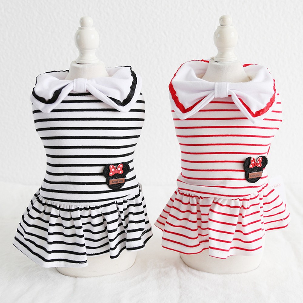petstyle autumn and winter big bow striped skirt pet dog cotton skirt plus velvet bib cat owner
