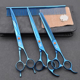 8.0 Inch Set Blue 3 Pack Pet Grooming Scissors Set Straight Cut Curved Scissors Pet Grooming Set