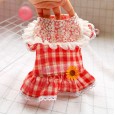 Pet spring and summer teddy bear clothes cat dog princess clothes lace lapel red plaid skirt