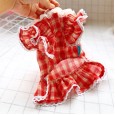 Pet spring and summer teddy bear clothes cat dog princess clothes lace lapel red plaid skirt