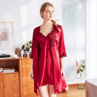 Yao Ting explosive silk nightgown ladies spring and summer suspenders in the sleeves outer gown silk home suit WP1119
