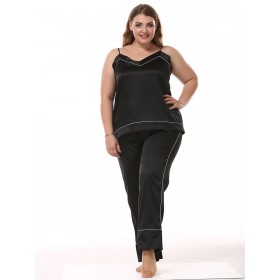 Add fertilizer plus size Ms. simulation silk pajamas silk suspenders trousers home V-neck casual two-piece suit DL