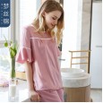 New pajamas ladies summer spring and autumn simulation silk short-sleeved trousers hooded round neck home service suit