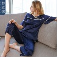 New pajamas ladies summer spring and autumn simulation silk short-sleeved trousers hooded round neck home service suit