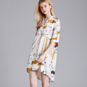 New spring and summer pajamas female silk thin section mid-sleeved nightdress female summer shirt skirt home service can be worn outside YT