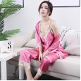 Spring and autumn summer ladies sexy simulation silk pajamas woman temptation sling three-piece home service suit CP