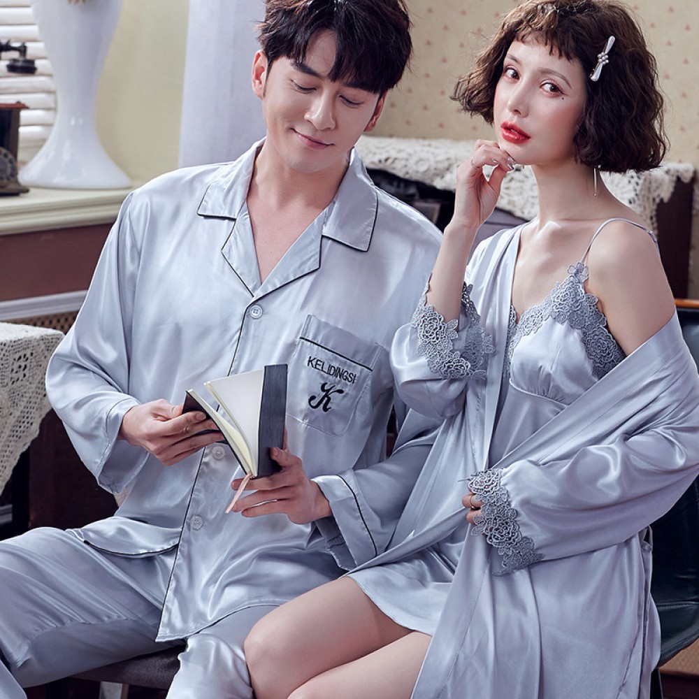Lovers pajamas ladies summer Korean ice silk strap nightdress spring and autumn summer short sleeve trousers two-piece suit XA