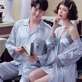 Lovers pajamas ladies summer Korean ice silk strap nightdress spring and autumn summer short sleeve trousers two-piece suit XA