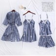 Spring and summer new simulation silk ladies cardigan lace robe mid-sleeved shorts nightgown ice silk printing four CP