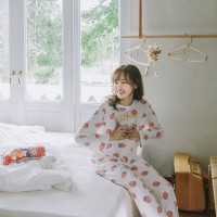 Women's adult knitted cotton printed home service white loquat pajamas skirt strawberry suit