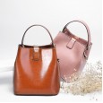 Summer new oil wax cowhide leather handbags wild portable bucket bag simple shoulder messenger bag
