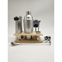 Hot Selling 14 Pieces Wooden Rack Mixer Set Bar Cocktail Mixing Tool Accessories