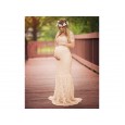 White sexy deep V-neck long-sleeved lace perspective tight-tailed long dress 8905