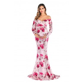 Women's Printed Pregnant Women's V-Neck Tail Dress One Piece Dress 1940