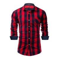 New European code men's casual color matching plaid long sleeve shirt cardigan lapel loose shirt 5-2