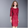 Spring and summer new women's round neck mid-sleeved skirt step dress slim dress
