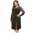 Autumn and winter new large size women's fat mm long-sleeved dress dress mesh perspective split bottoming skirt