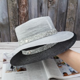 Korean version of the flat eaves PVC straw hat female Japanese rhinestone M standard star beach travel wisp transparent empty sunshade hat