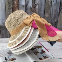 Foldable bow ribbon streamer mixed color woven fisherman hat straw hat summer female travel beach hat