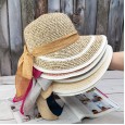 Foldable bow ribbon streamer mixed color woven fisherman hat straw hat summer female travel beach hat