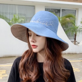 Embroidered letters simple fashion sun hat female summer new style double-sided anti-UV fisherman hat