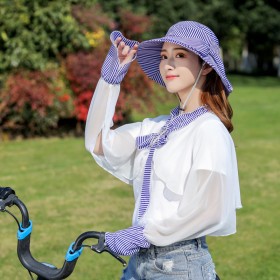 Hat female summer striped bow fisherman hat outdoor cycling UV protection travel wild picking tea hat sun hat