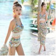 National style swimwear female new style gathered conservative split bikini three-piece hot spring swimsuit