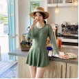 New one-piece swimsuit female conservative skirt style solid color halter swimsuit female cover belly was thin hot spring swimsuit