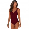 Deep V-neck gathers open back solid color one-piece swimsuit