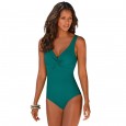 Deep V-neck gathers open back solid color one-piece swimsuit