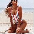 New One-Piece Swimsuit Colorblock Stripe Digital Print Front Zippered One-Piece Swimsuit 26
