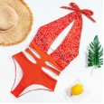 New one-piece swimsuit digital printing solid color stitching cross-neck lace one-piece swimsuit