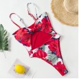 New monokini swimsuit integrated big flower print knotted bikini on chest