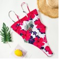 New monokini swimsuit integrated big flower print knotted bikini on chest