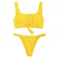 Knotted sexy v-tie buckle suit on the chest swimsuit solid color bikini