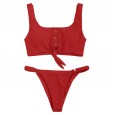 Knotted sexy v-tie buckle suit on the chest swimsuit solid color bikini