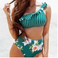 New one-shoulder bikini swimsuit striped print ruffled women