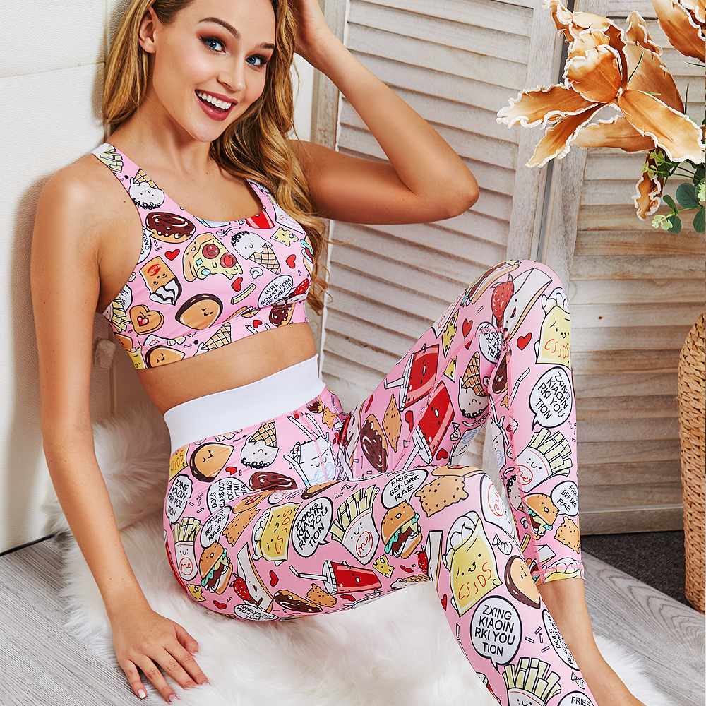 ! Spring and summer cartoon pattern yoga clothes Slim hip pants yoga suit sports fitness suit female