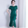 Hollow lace dress female spring new temperament round neck ladies waist slim fit bag hip fishtail skirt