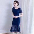 Spring new slim lace bag hip skirt short-sleeved round neck mid-length slim dress