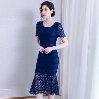 Spring new slim lace bag hip skirt short-sleeved round neck mid-length slim dress