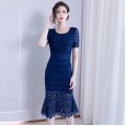 Spring new slim lace bag hip skirt short-sleeved round neck mid-length slim dress