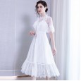 Net yarn cotton lace dress spring new trumpet sleeve small high-necked temperament fairy waist mid-length skirt
