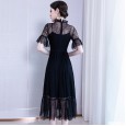 Net yarn cotton lace dress spring new trumpet sleeve small high-necked temperament fairy waist mid-length skirt