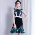Spring sexy high waist slim ruffled round neck dress printing was thin bag hip temperament fishtail skirt women
