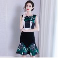 Spring sexy high waist slim ruffled round neck dress printing was thin bag hip temperament fishtail skirt women
