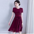 Spring new round neck waist skirt sequins pleated short-sleeved dress was thin and reduced age A-line skirt women